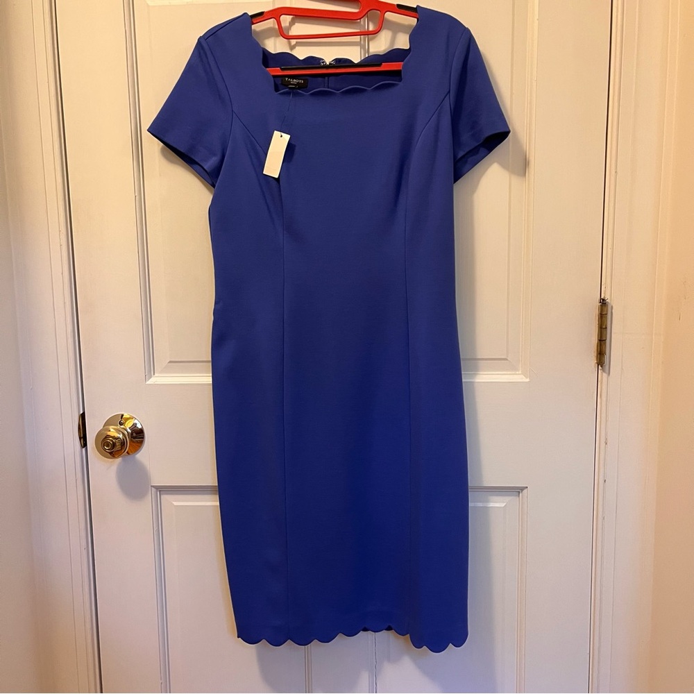 Talbots Petite NWT Short Sleeve Blue Dress w/ Scalloped Neck and Bottom size 4P
